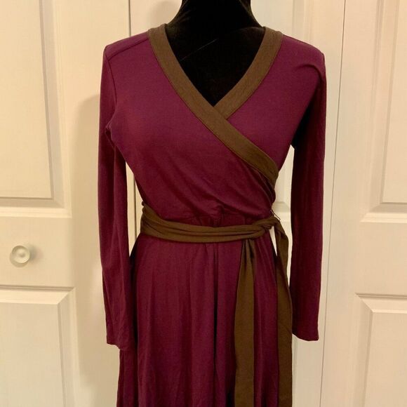 Talbots Purple Brown Belted Faux Wrap Jersey Knit Dress 4 Petite - Picture 2 of 10